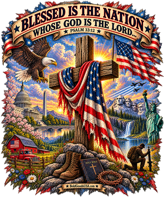 Blessed Is The Nation – Christian Patriotic Graphic T-Shirt | Front Print