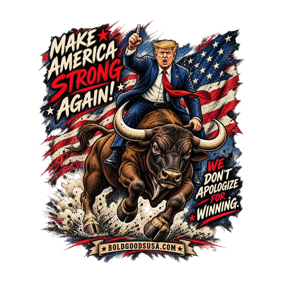 Make America Strong Again - Political Satire Graphic T-Shirt | Back Print + Chest Logo