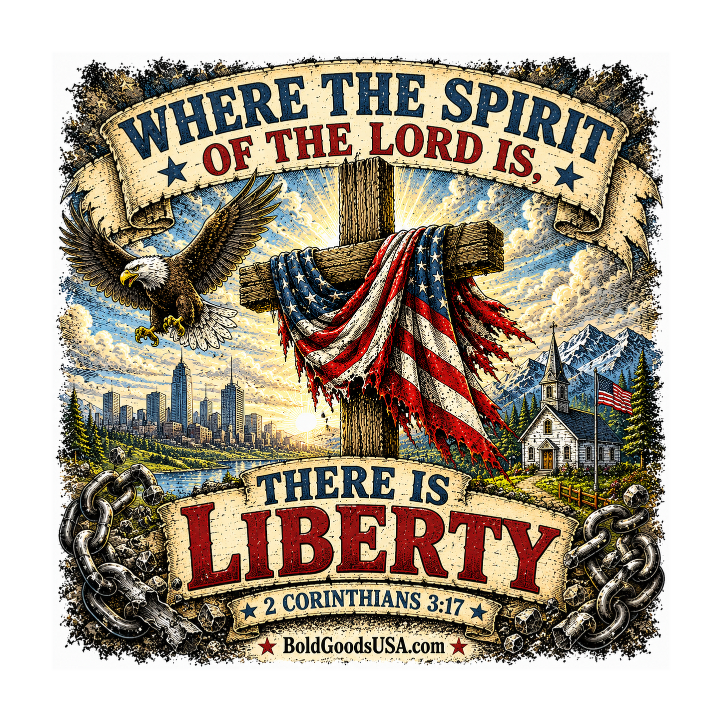 Where the Spirit of the Lord Is… There Is Liberty – Christian Patriotic Graphic T-Shirt | Front Print + Sleeve Logo
