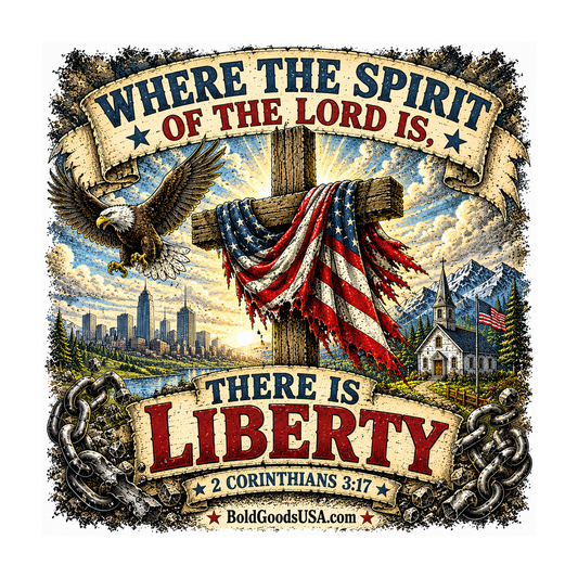 Where the Spirit of the Lord Is… There Is Liberty – Christian Patriotic Graphic T-Shirt | Front Print + Sleeve Logo