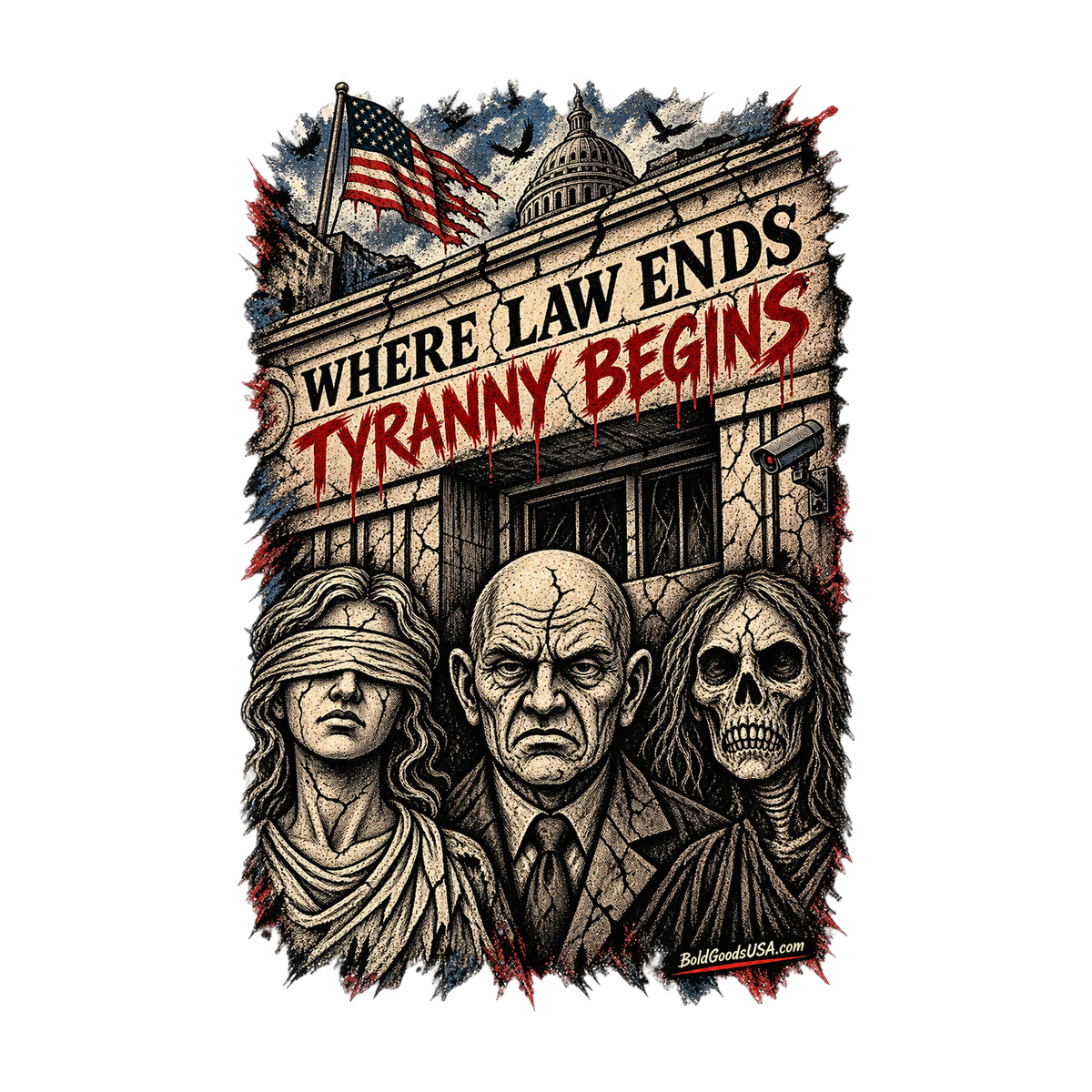 Where Law Ends, Tyranny Begins – Graphic T-Shirt | Front Print + Sleeve Logo