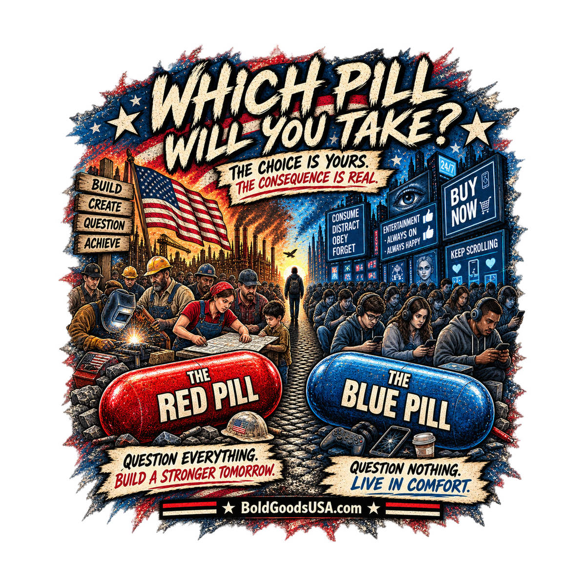 Blue or Red Pill - Graphic T-Shirt | Back Print + Sleeve Logo