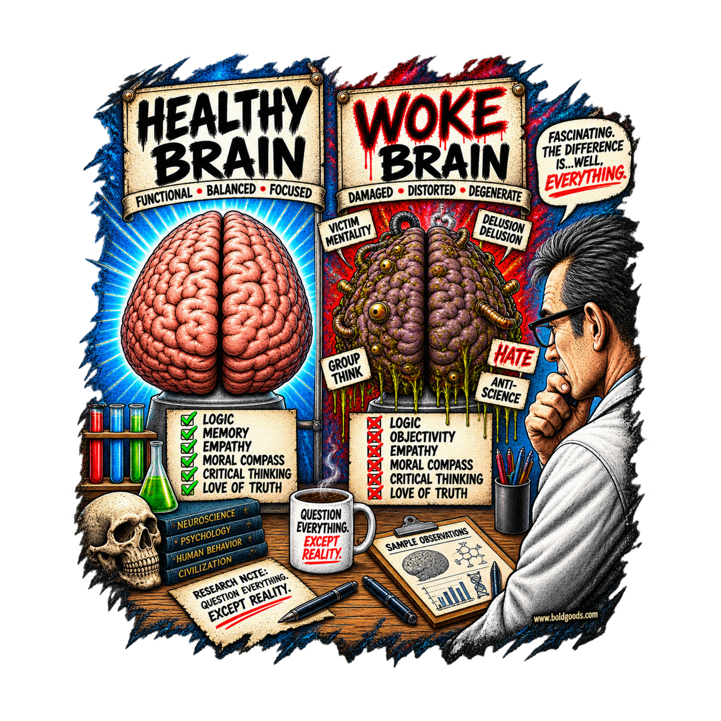 Woke Brain – Political Satire Graphic T-Shirt | Front Print + Sleeve Logo