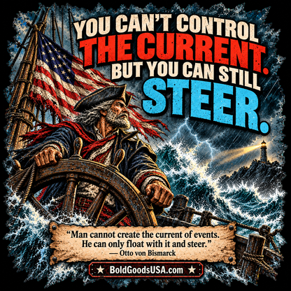 You Can't Control the Current - Graphic T-Shirt | Back Print + Sleeve Logo
